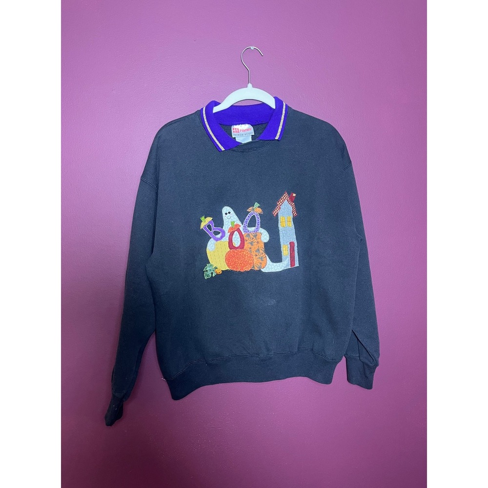 Vintage Hanes Halloween Sweatshirt Ghost Pumpkin Boo Applique Purple Collar
